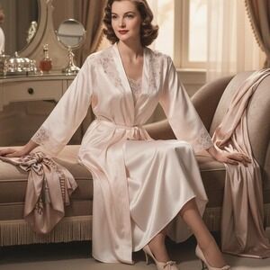 VTG French maid Nightgown And Robe Set Large Coquette Satin Pink Lace  Wedding